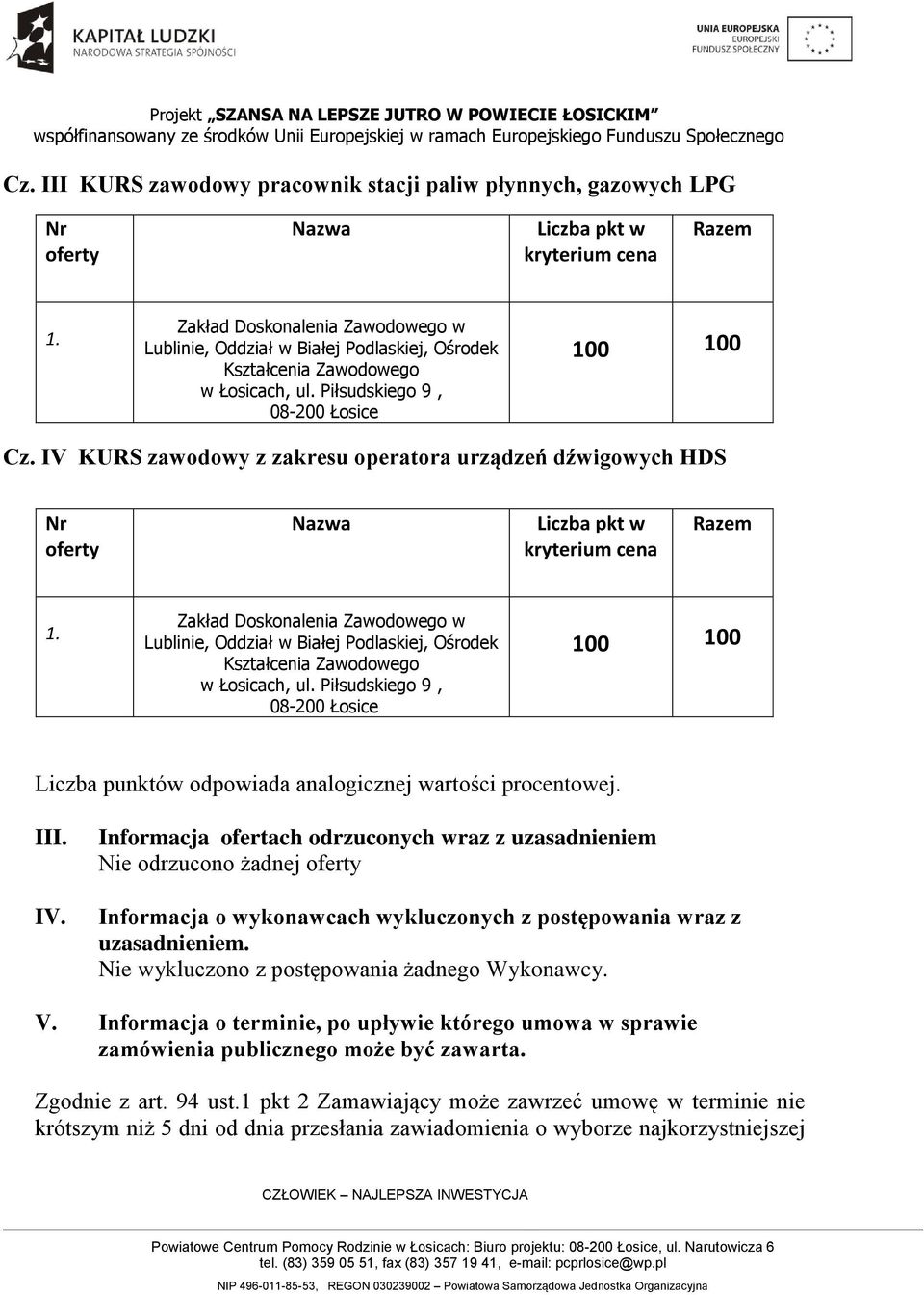 Nie wykluczono z postępowania żadnego Wykonawcy. V. Informacja o terminie, po upływie którego umowa w sprawie zamówienia publicznego może być zawarta. Zgodnie z art. 94 ust.