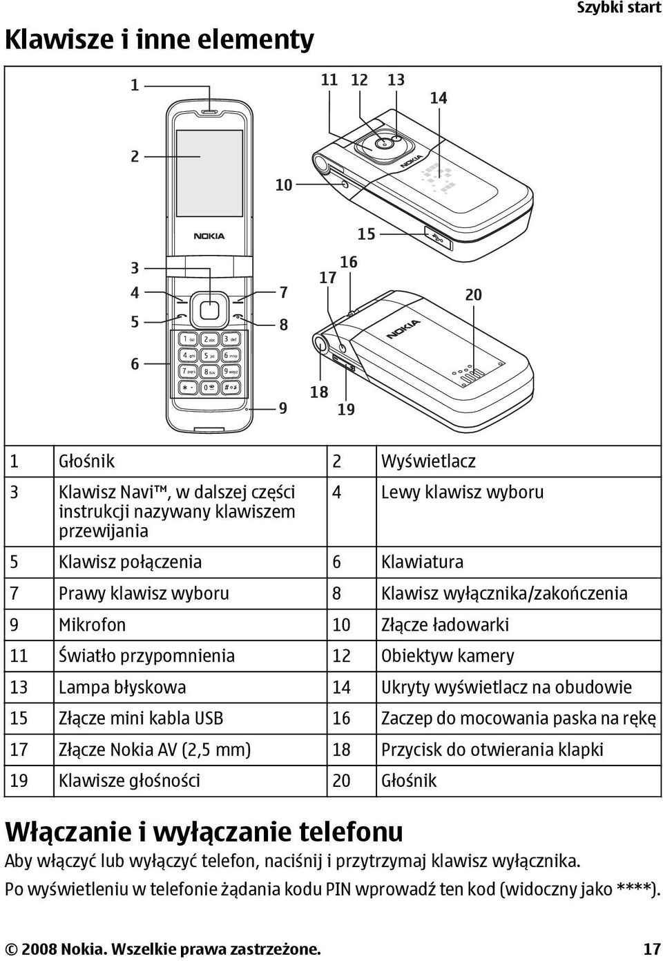 obudowie 15 Złącze mini kabla USB 16 Zaczep do mocowania paska na rękę 17 Złącze Nokia AV (2,5 mm) 18 Przycisk do otwierania klapki 19 Klawisze głośności 20 Głośnik Włączanie i wyłączanie