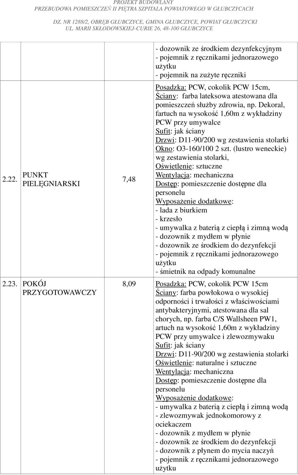 Dekoral, fartuch na wysokość 1,60m z wykładziny PCW przy umywalce Drzwi: D11-90/200 wg zestawienia stolarki Okno: O3-160/100 2 szt.