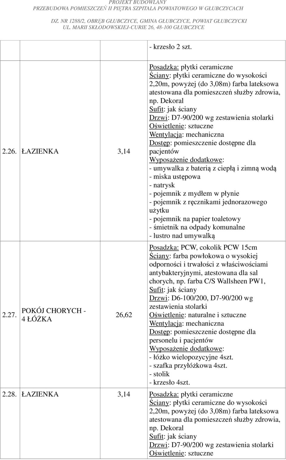 Dekoral Drzwi: D7-90/200 wg zestawienia stolarki pacjentów - miska ustępowa - natrysk - pojemnik z mydłem w płynie - pojemnik na papier toaletowy - lustro nad umywalką Posadzka: PCW, cokolik PCW 15cm
