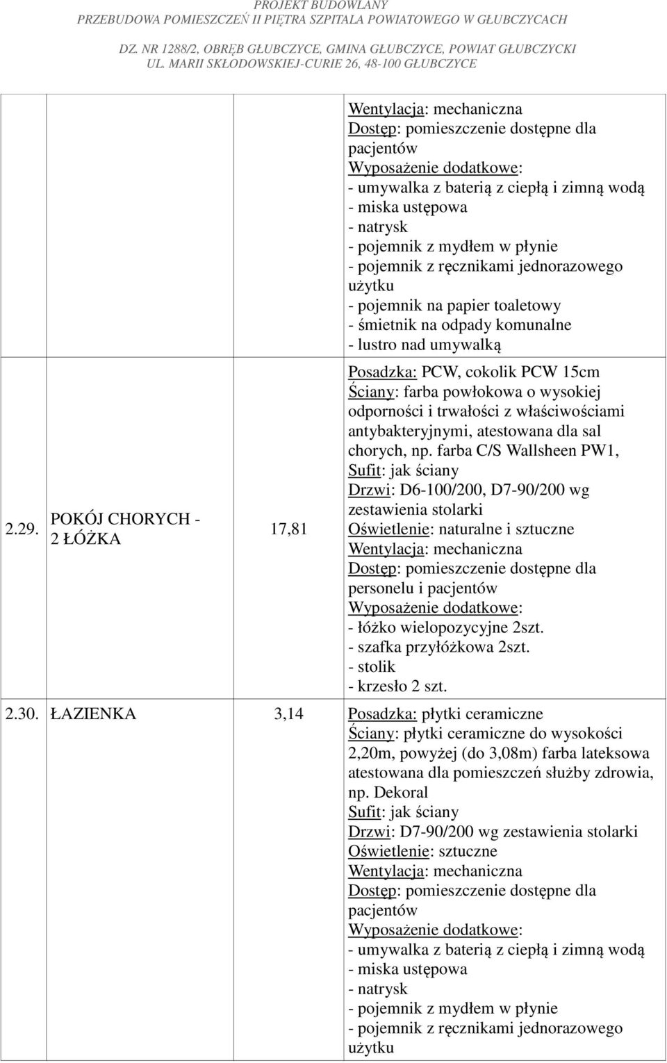 farba C/S Wallsheen PW1, Drzwi: D6-100/200, D7-90/200 wg zestawienia stolarki - łóżko wielopozycyjne 2szt. - szafka przyłóżkowa 2szt. - stolik - krzesło 2 szt. 2.30.