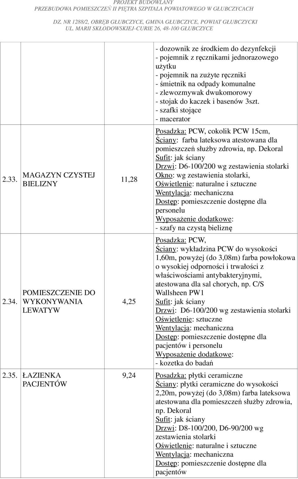 - szafki stojące - macerator Posadzka: PCW, cokolik PCW 15cm, Ściany: farba lateksowa atestowana dla pomieszczeń służby zdrowia, np.