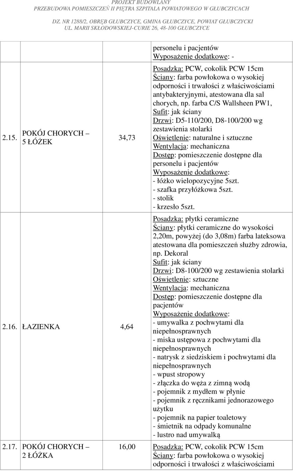 farba C/S Wallsheen PW1, Drzwi: D5-110/200, D8-100/200 wg zestawienia stolarki - łóżko wielopozycyjne 5szt. - szafka przyłóżkowa 5szt. - stolik - krzesło 5szt.