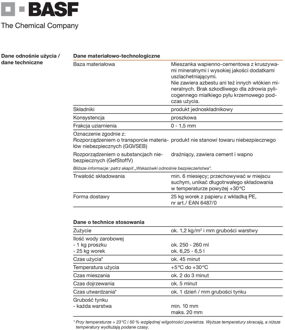 Składniki produkt jednoskładnikowy Konsystencja proszkowa Frakcja uziarnienia 0-1,5 mm Oznaczenie zgodnie z: Rozporządzeniem o transporcie materiałów niebezpiecznych (GGVSEB) produkt nie stanowi