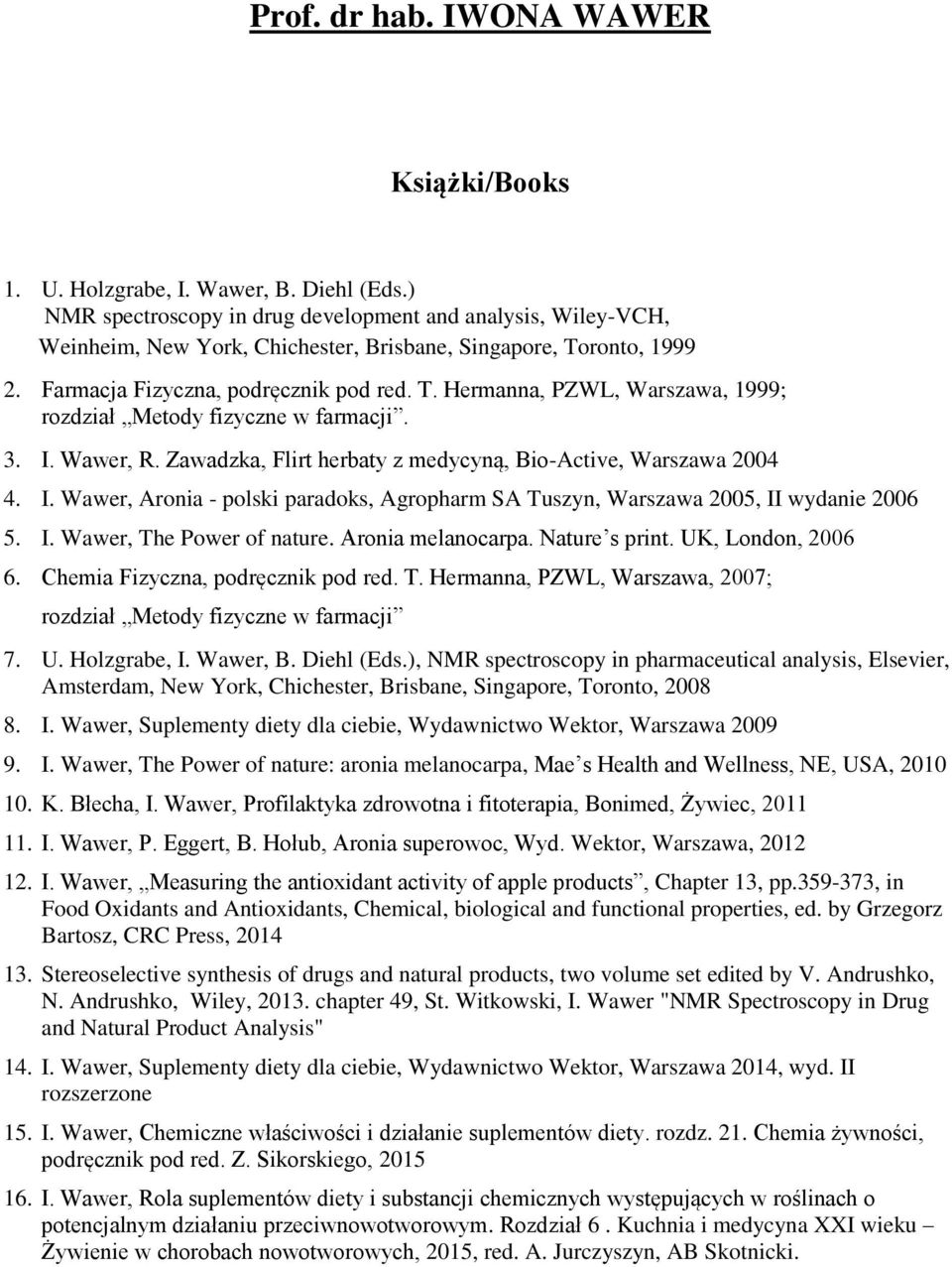 3. I. Wawer, R. Zawadzka, Flirt herbaty z medycyną, Bio-Active, Warszawa 2004 4. I. Wawer, Aronia - polski paradoks, Agropharm SA Tuszyn, Warszawa 2005, II wydanie 2006 5. I. Wawer, The Power of nature.