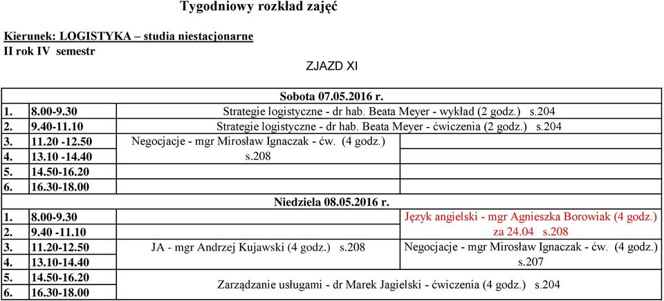 (4 godz.) s.208 Niedziela 08.05.2016 r. JA - mgr Andrzej Kujawski (4 godz.) s.208 Język angielski - mgr Agnieszka Borowiak (4 godz.