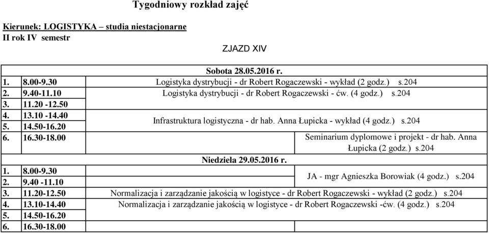 Anna Łupicka (2 godz.) s.204 Niedziela 29.05.2016 r. JA - mgr Agnieszka Borowiak (4 godz.) s.204 Normalizacja i zarządzanie jakością w logistyce - dr Robert Rogaczewski - wykład (2 godz.