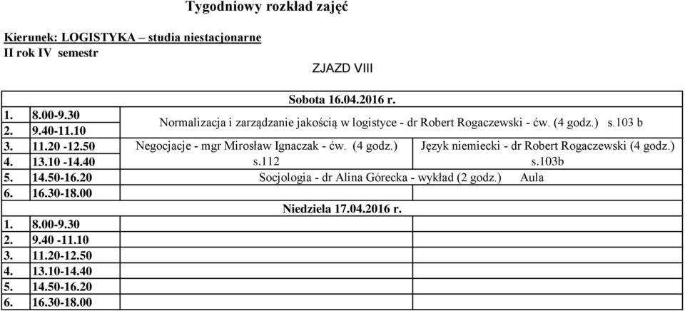 (4 godz.) s.103 b Negocjacje - mgr Mirosław Ignaczak - ćw. (4 godz.) s.112 Język niemiecki - dr Robert Rogaczewski (4 godz.