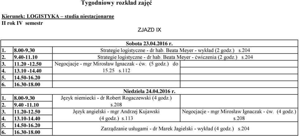 (5 godz.) do 15.25 s.112 Niedziela 24.04.2016 r. Język niemiecki - dr Robert Rogaczewski (4 godz.) s.