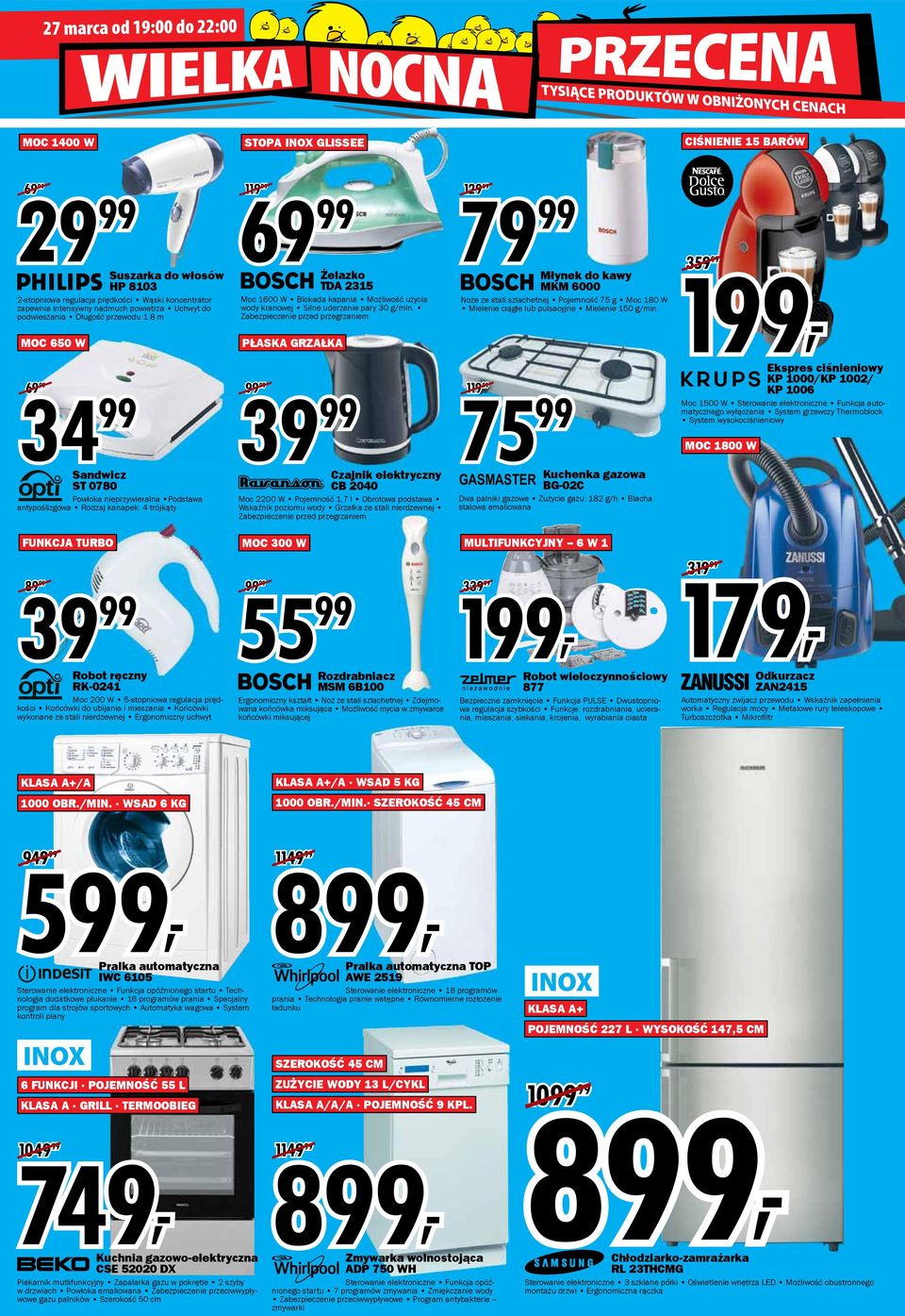 8 m MOC 650 W 69 119 Żelazko TDA 2315 Moc 1600 W Blokada kapania Możliwość użycia wody kranowej Silne uderzenie pary 30 g/min.