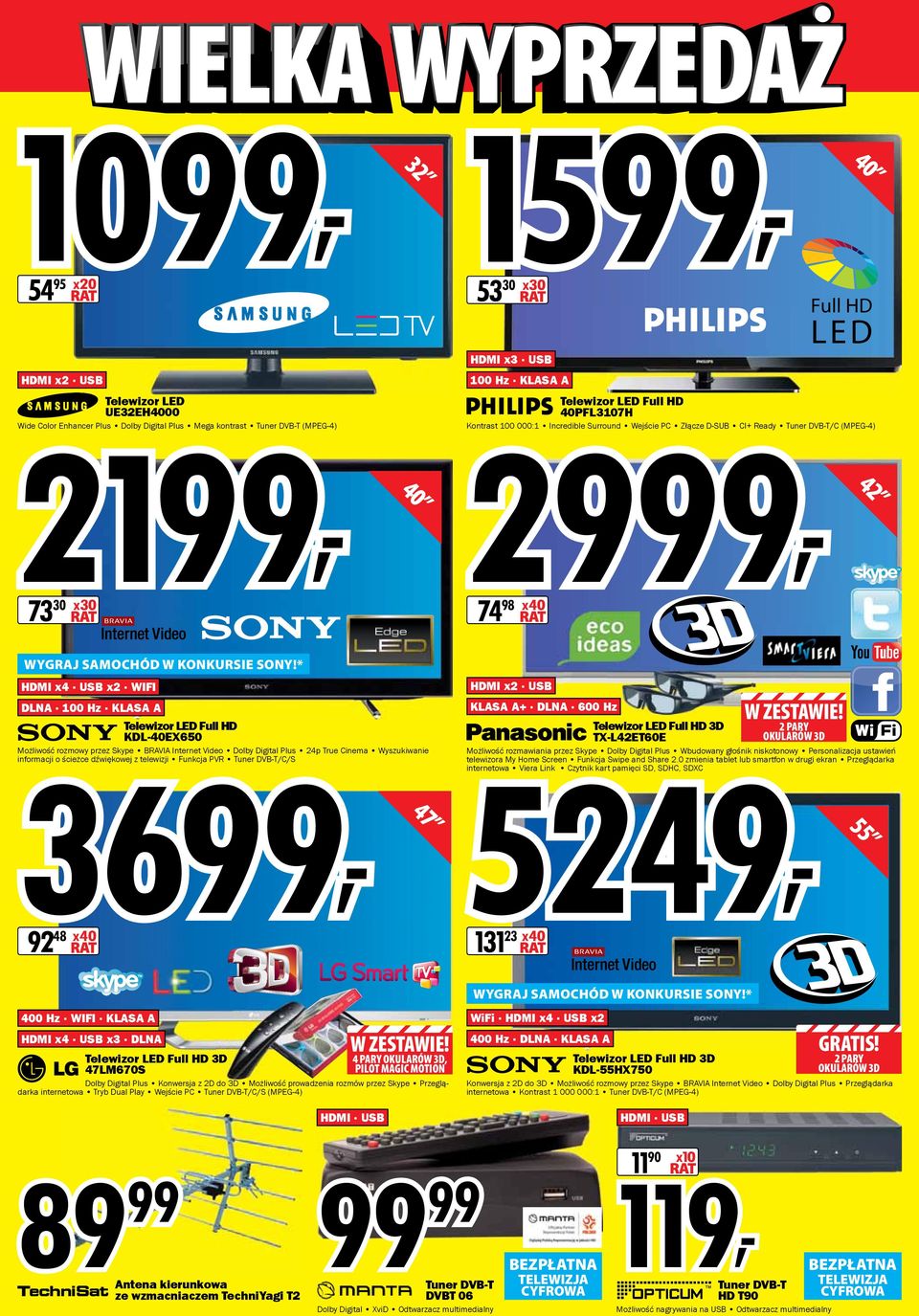 * HDMI x4 USB x2 WIFI DLNA 100 Hz KLASA A Telewizor LED Full HD 36, KDL-40EX650 Możliwość rozmowy przez Skype BRAVIA Internet Video Dolby Digital Plus 24p True Cinema Wyszukiwanie informacji o