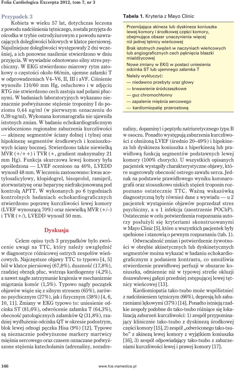 W wywiadzie odnotowano silny stres psychiczny. W EKG stwierdzono miarowy rytm zatokowy o częstości około 66/min, ujemne załamki T w odprowadzeniach V4 V6, II, III i avf.