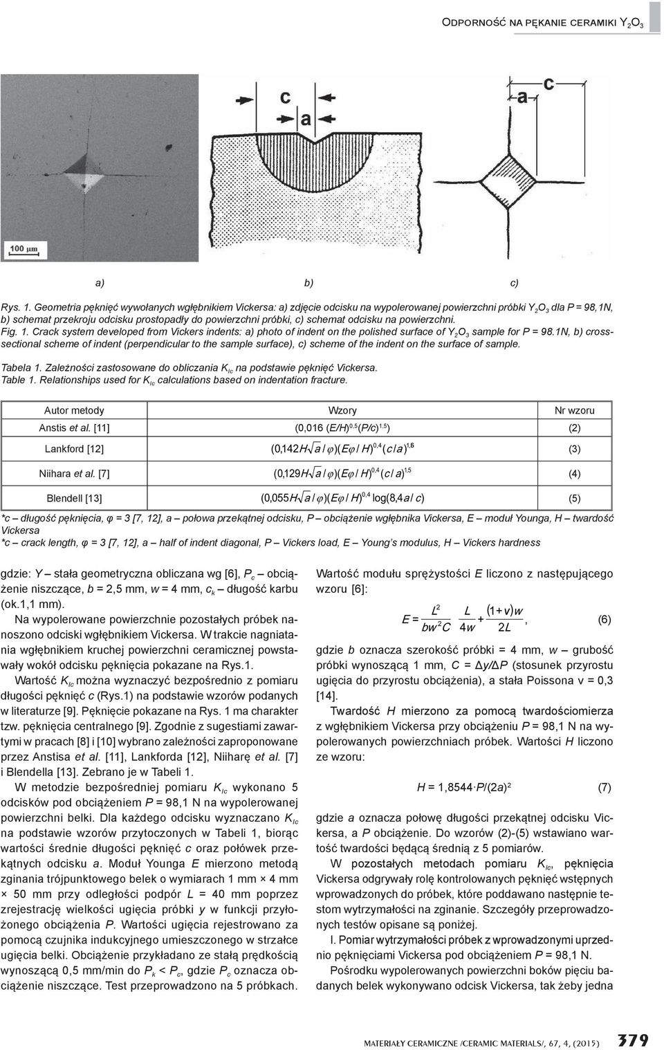 schemat odcisku na powierzchni. Fig. 1. Crack system developed from Vickers indents: a) photo of indent on the polished surface of Y O 3 sample for P = 98.