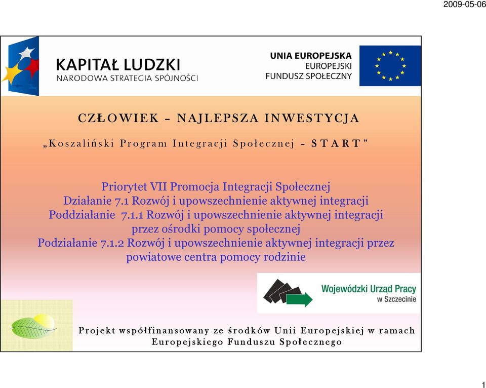 1.2 Rozwój i upowszechnienie aktywnej integracji przez powiatowe centra pomocy rodzinie P r o j e k t w s p ó ł f i n a n s o w a n y z e ś r o d k