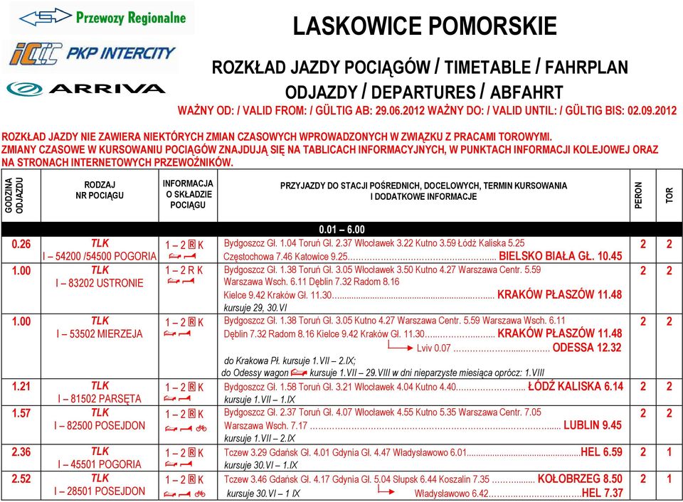 ZMIANY CZASOWE W URSOWANIU POCIĄGÓW ZNAJDUJĄ SIĘ NA TABLICACH INFORMACYJNYCH, W PUNTACH INFORMACJI OLEJOWEJ ORAZ NA STRONACH INTERNETOWYCH PRZEWOŹNIÓW.