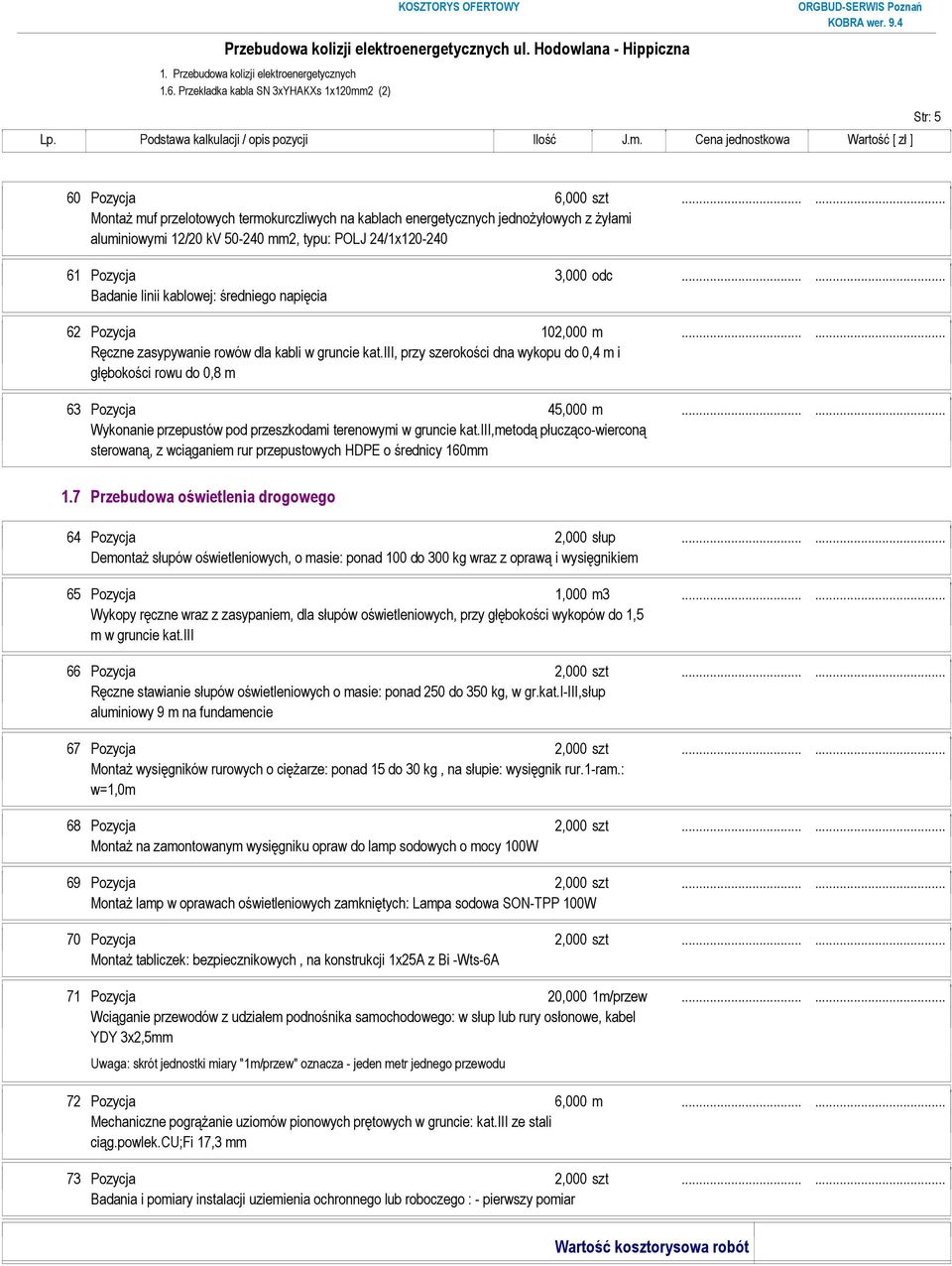 ..... Badanie linii kablowej: średniego napięcia 62 Pozycja 102,000 m...... 63 Pozycja 45,000 m...... 1.7 Przebudowa oświetlenia drogowego 64 Pozycja 2,000 słup.