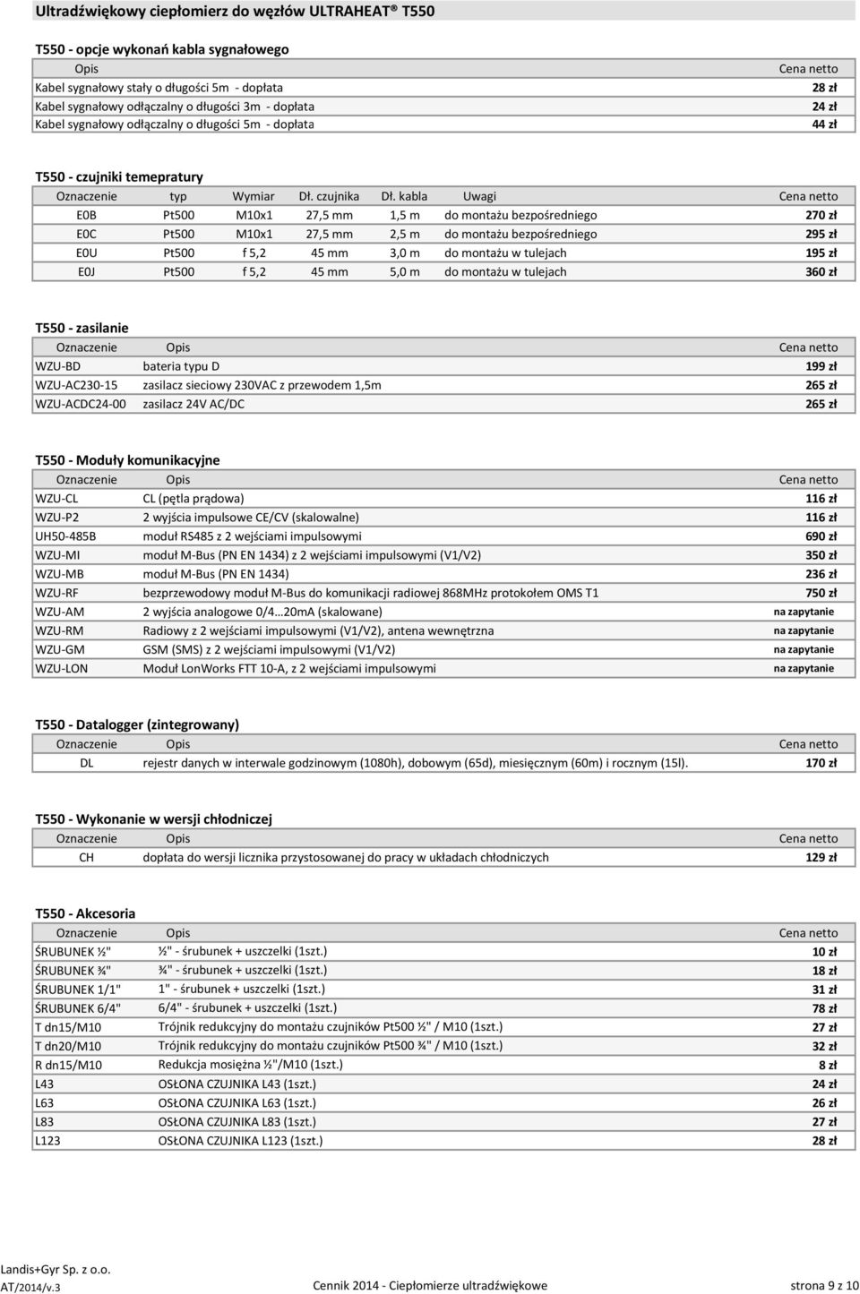 kabla Uwagi Cena netto E0B Pt500 M10x1 27,5 mm 1,5 m do bezpośredniego 270 zł E0C Pt500 M10x1 27,5 mm 2,5 m do bezpośredniego 295 zł E0U Pt500 f 5,2 45 mm 3,0 m do w tulejach 195 zł E0J Pt500 f 5,2