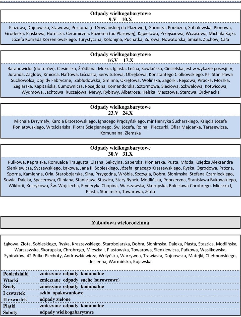 Wczasowa, Michała Kajki, Józefa Konrada Korzeniowskiego, Turystyczna, Kolonijna, Puchatka, Zdrowa, Nowatorska, Śmiała, Zuchów, Cała 16.V 17.