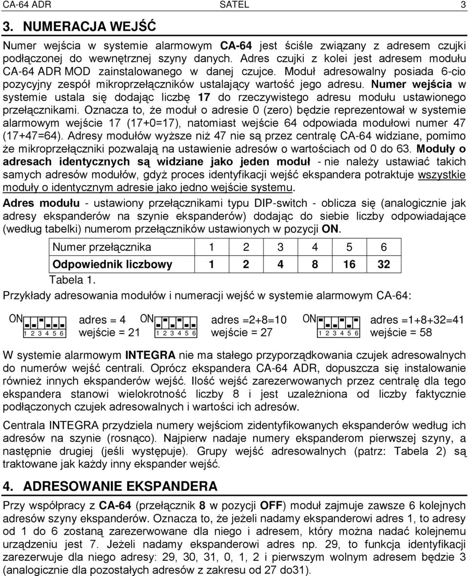 Numer wejścia w systemie ustala się dodając liczbę 17 do rzeczywistego adresu modułu ustawionego przełącznikami.