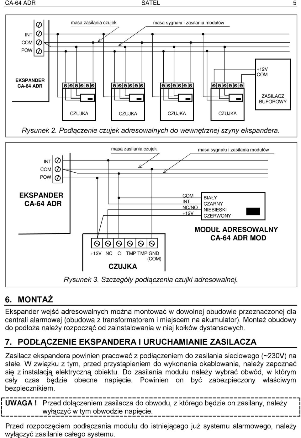 masa zasilania czujek masa sygnału i zasilania modułów INT COM POW EKSPANDER CA-64 ADR COM INT NC/NO +12V BIAŁY CZARNY NIEBIESKI CZERWONY MODUŁ ADRESOWALNY CA-64 ADR MOD 6.