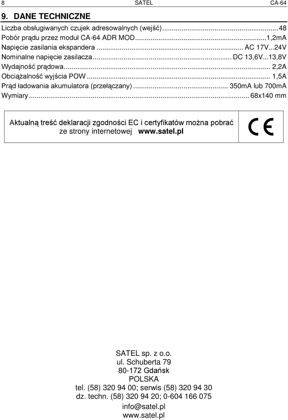 .. 1,5A Prąd ładowania akumulatora (przełączany)... 350mA lub 700mA Wymiary.