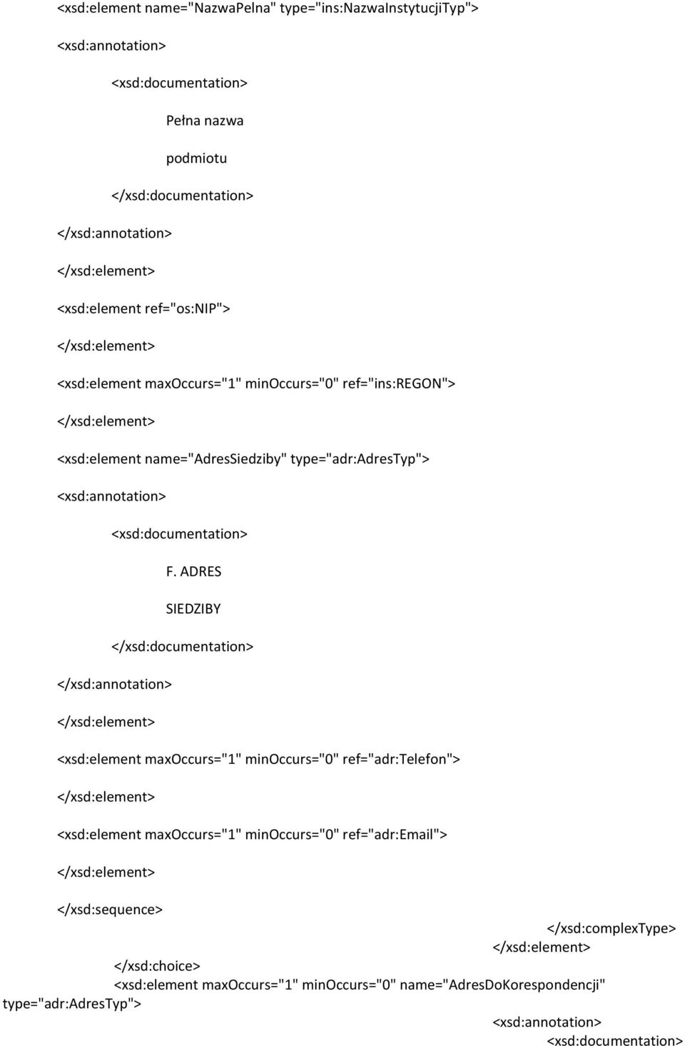 ADRES SIEDZIBY <xsd:element maxoccurs="1" minoccurs="0" ref="adr:telefon"> <xsd:element maxoccurs="1" minoccurs="0"