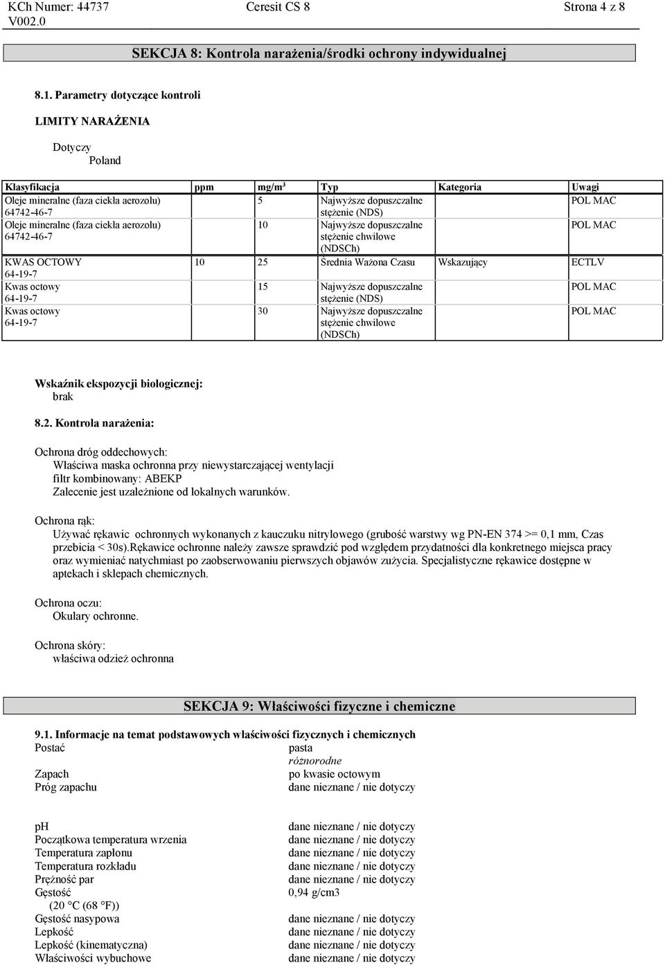 mineralne (faza ciekła aerozolu) 10 Najwyższe dopuszczalne POL MAC stężenie chwilowe (NDSCh) KWAS OCTOWY 10 25 Średnia Ważona Czasu Wskazujący ECTLV 64-19-7 Kwas octowy 64-19-7 15 Najwyższe