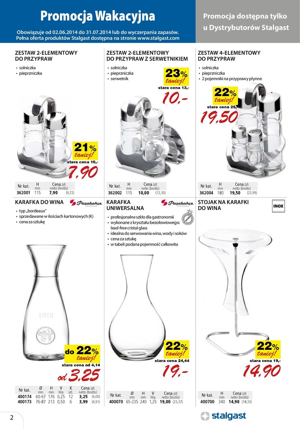 (zł) 362002 115 10,00 (12,30) KARAFKA UNIWERSALNA profesjonalne szkło dla gastronomii wykonane z kryształu bezołowiowego: lead-free cristal glass idealna do serwowania wina, wody i soków cena za