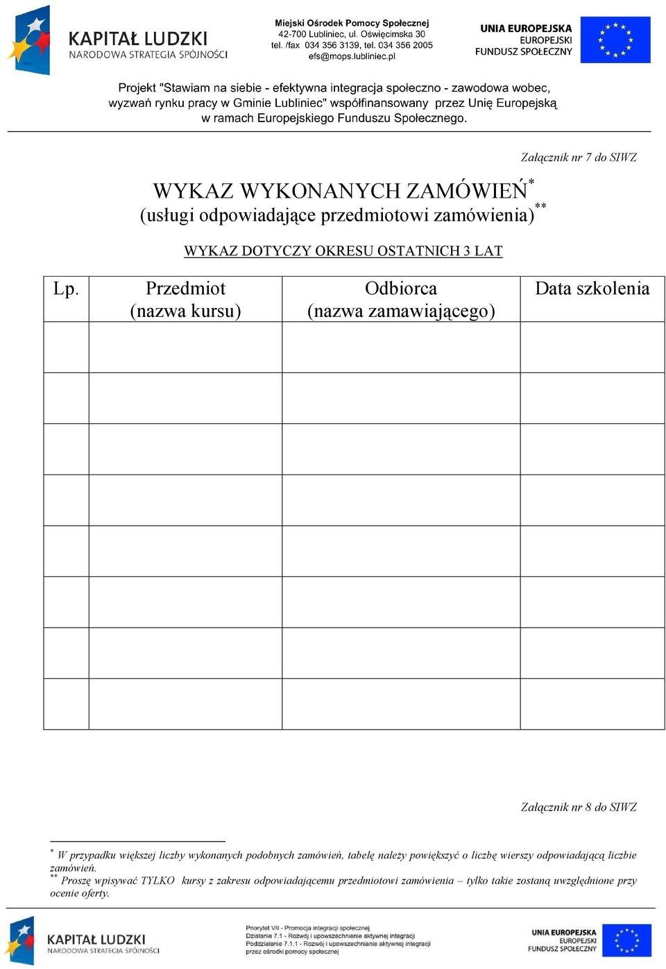 Przedmiot (nazwa kursu) Odbiorca (nazwa zamawiającego) Data szkolenia Załącznik nr 8 do SIWZ * W przypadku większej liczby