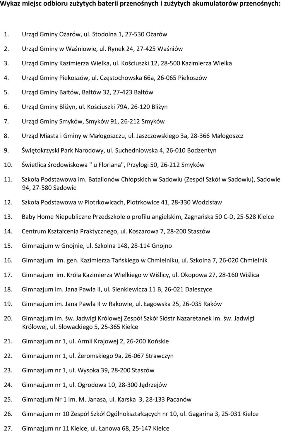 Urząd Gminy Bliżyn, ul. Kościuszki 79A, 26-120 Bliżyn 7. Urząd Gminy Smyków, Smyków 91, 26-212 Smyków 8. Urząd Miasta i Gminy w Małogoszczu, ul. Jaszczowskiego 3a, 28-366 Małogoszcz 9.