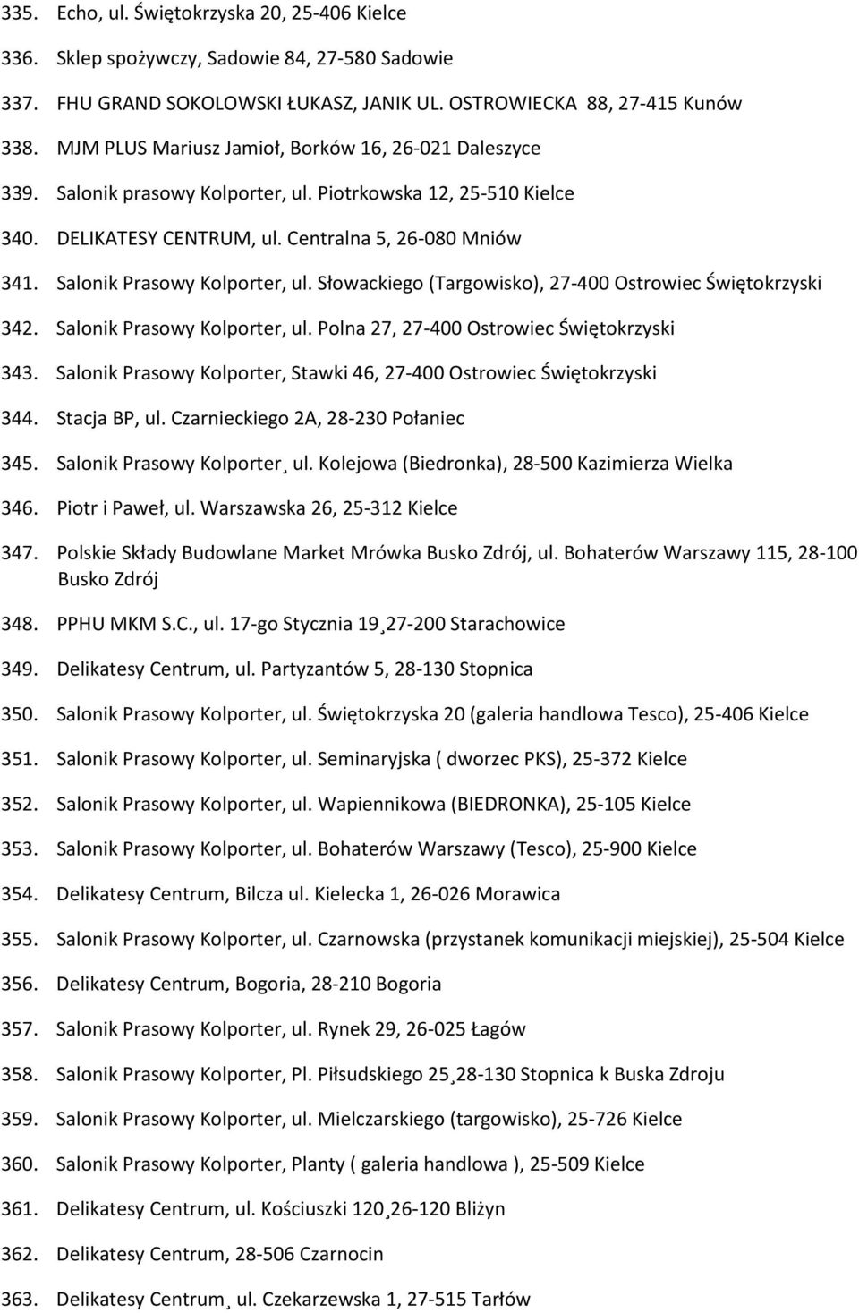 Salonik Prasowy Kolporter, ul. Słowackiego (Targowisko), 27-400 Ostrowiec Świętokrzyski 342. Salonik Prasowy Kolporter, ul. Polna 27, 27-400 Ostrowiec Świętokrzyski 343.