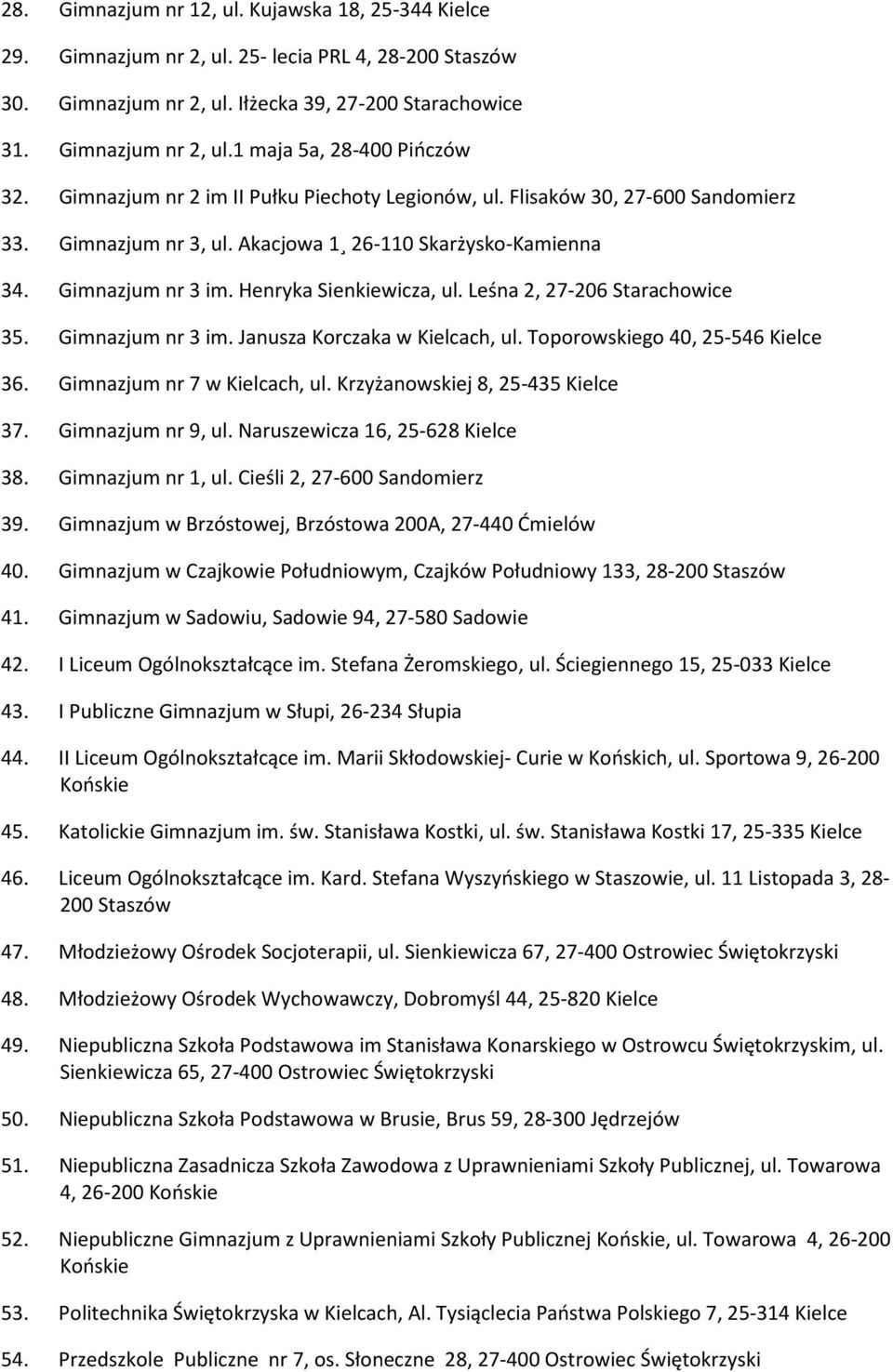 Leśna 2, 27-206 Starachowice 35. Gimnazjum nr 3 im. Janusza Korczaka w Kielcach, ul. Toporowskiego 40, 25-546 Kielce 36. Gimnazjum nr 7 w Kielcach, ul. Krzyżanowskiej 8, 25-435 Kielce 37.