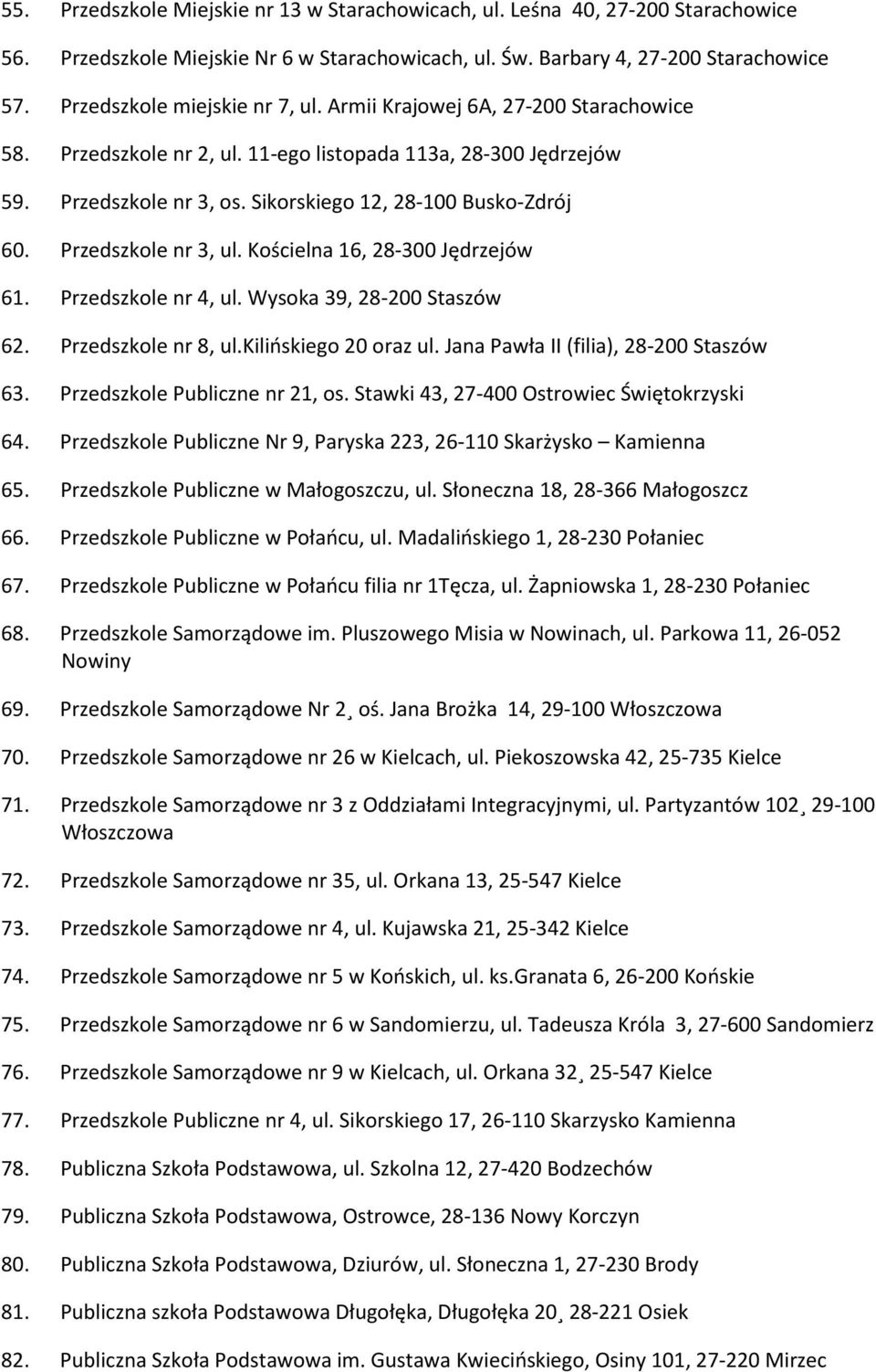 Przedszkole nr 3, ul. Kościelna 16, 28-300 Jędrzejów 61. Przedszkole nr 4, ul. Wysoka 39, 28-200 Staszów 62. Przedszkole nr 8, ul.kilińskiego 20 oraz ul. Jana Pawła II (filia), 28-200 Staszów 63.
