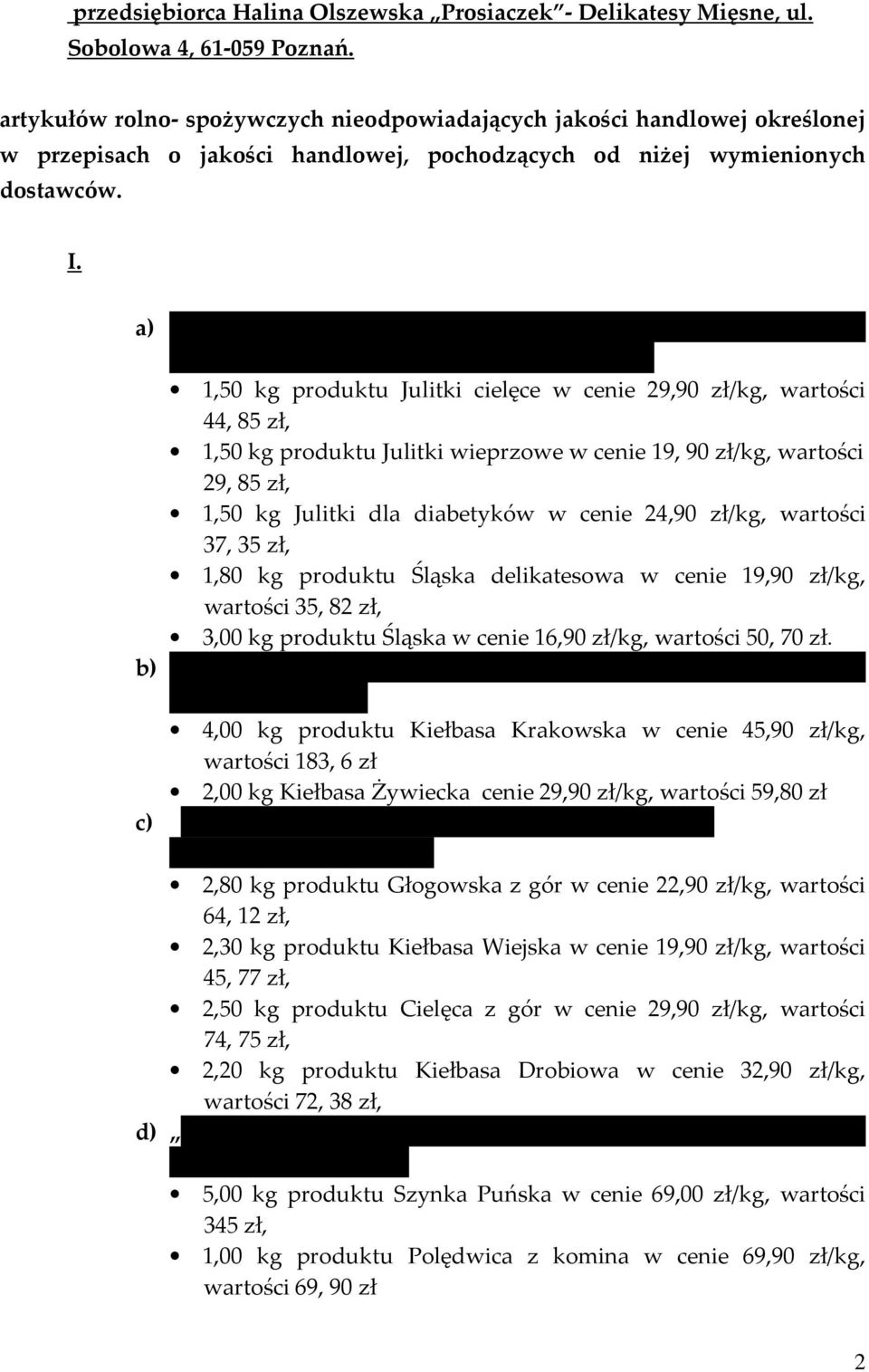 a) Przetwórnia Mięsa Delikatesy MIĘSNE PROSIACZEK Halina Olszewska Poznań, ul. 28 czerwca 1956 Nr 122.