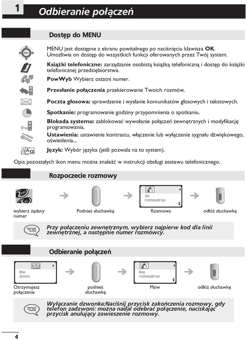 Poczta g³osowa: sprawdzenie i wys³anie komunikatów g³osowych i tekstowych. Spotkanie: programowanie godziny przypomnienia o spotkaniu.