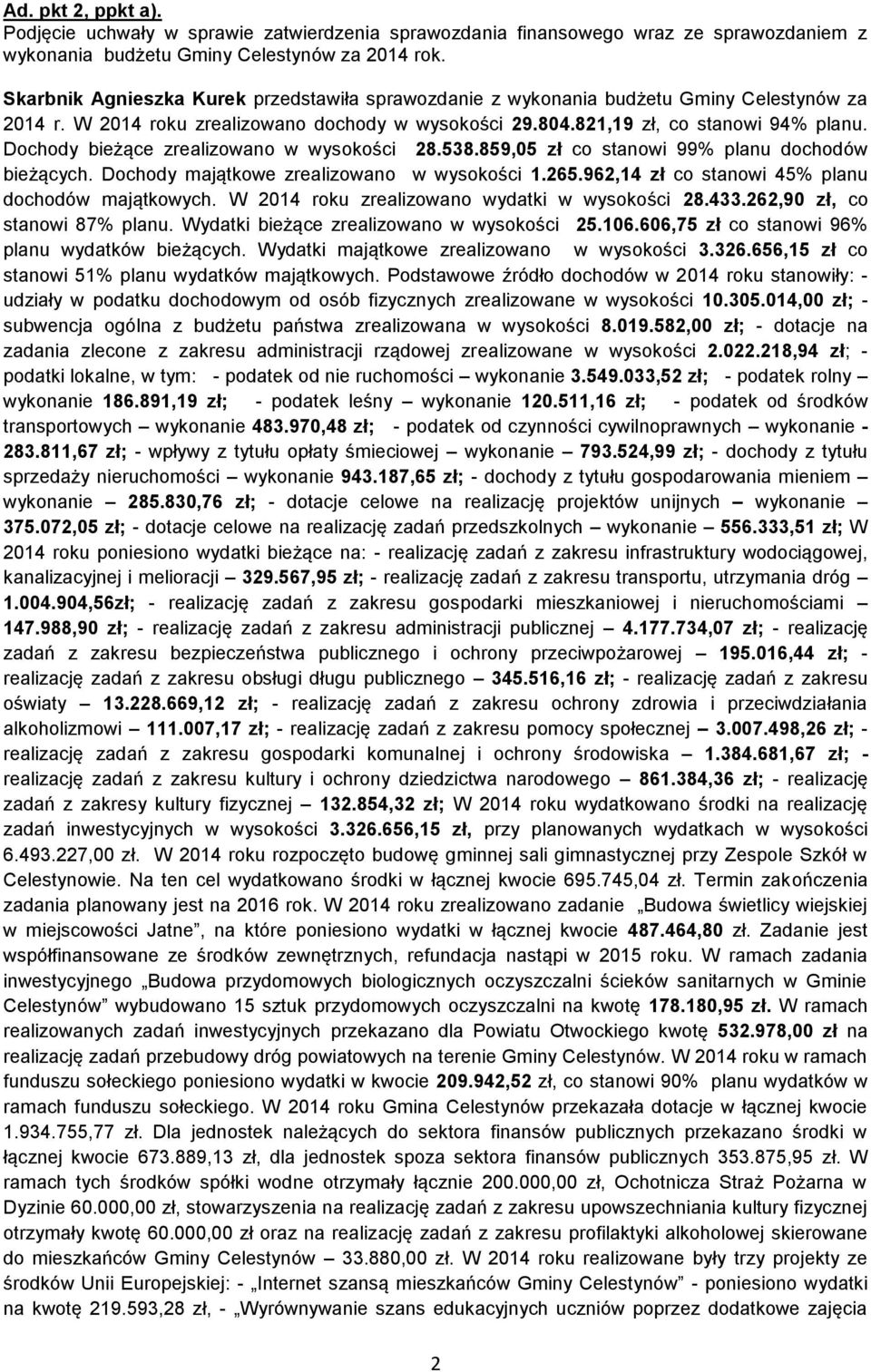 Dochody bieżące zrealizowano w wysokości 28.538.859,05 zł co stanowi 99% planu dochodów bieżących. Dochody majątkowe zrealizowano w wysokości 1.265.962,14 zł co stanowi 45% planu dochodów majątkowych.
