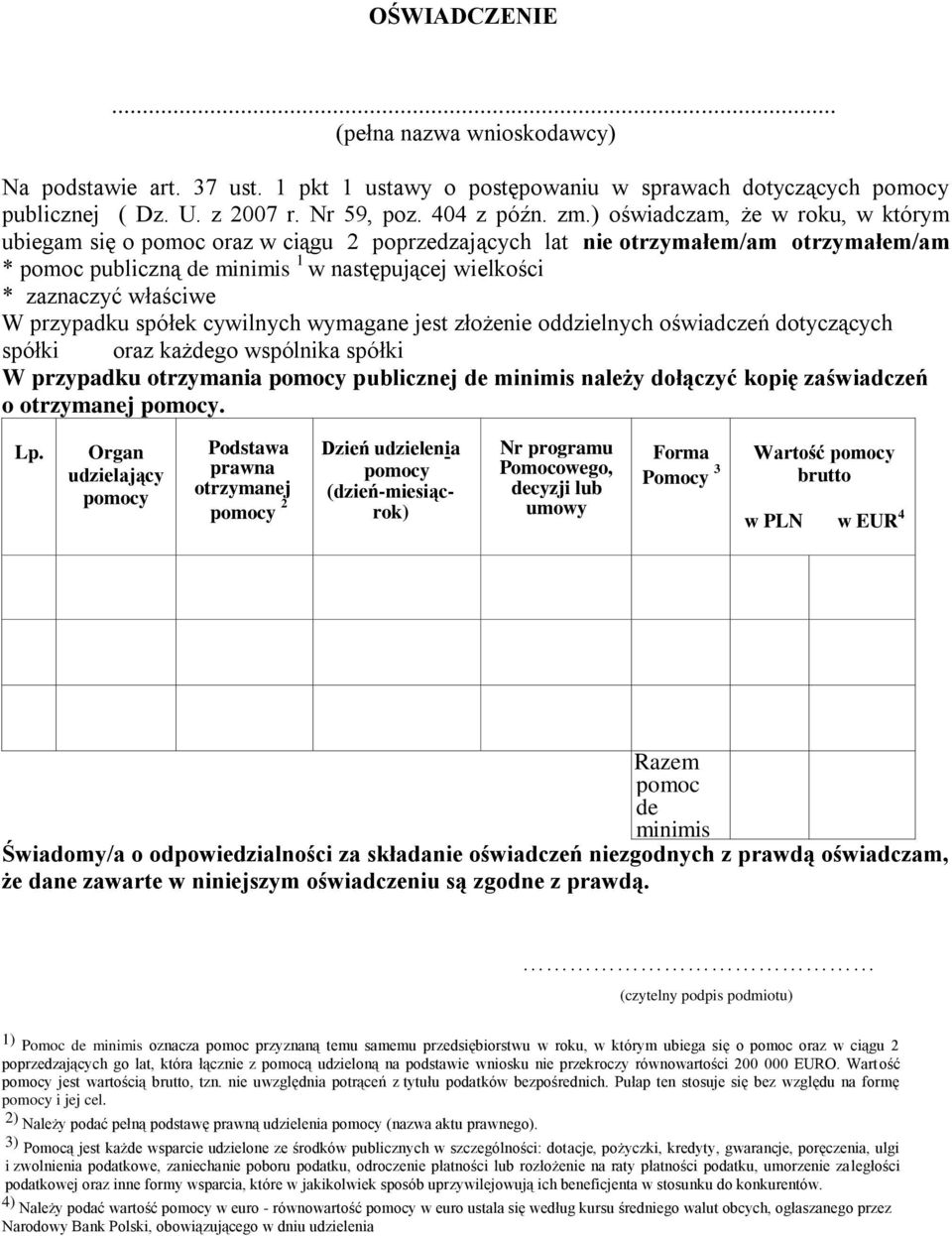 przypadku spółek cywilnych wymagane jest złoże oddzielnych oświadczeń dotyczących spółki oraz każdego wspólnika spółki W przypadku otrzymania pomocy publicznej de minimis należy dołączyć kopię