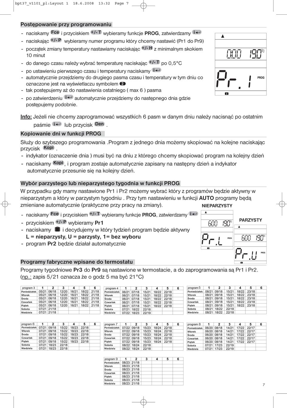 Pr9) - początek zmiany temperatury nastawiamy naciskając +/- H z minimalnym skokiem 10 minut - do danego czasu należy wybrać temperaturę naciskając +/- T po 0,5 C - po ustawieniu pierwszego czasu i