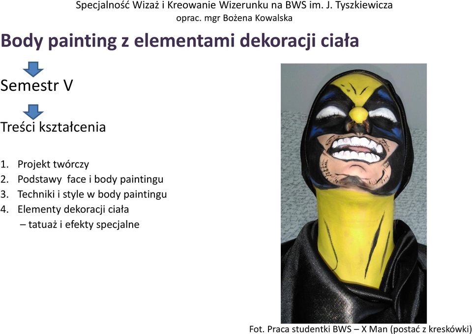 Treści kształcenia 1. Projekt twórczy 2. Podstawy face i body paintingu 3.