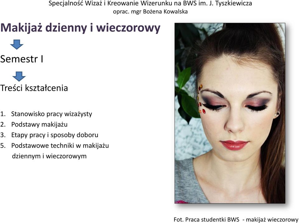 kształcenia 1. Stanowisko pracy wizażysty 2. Podstawy makijażu 3.