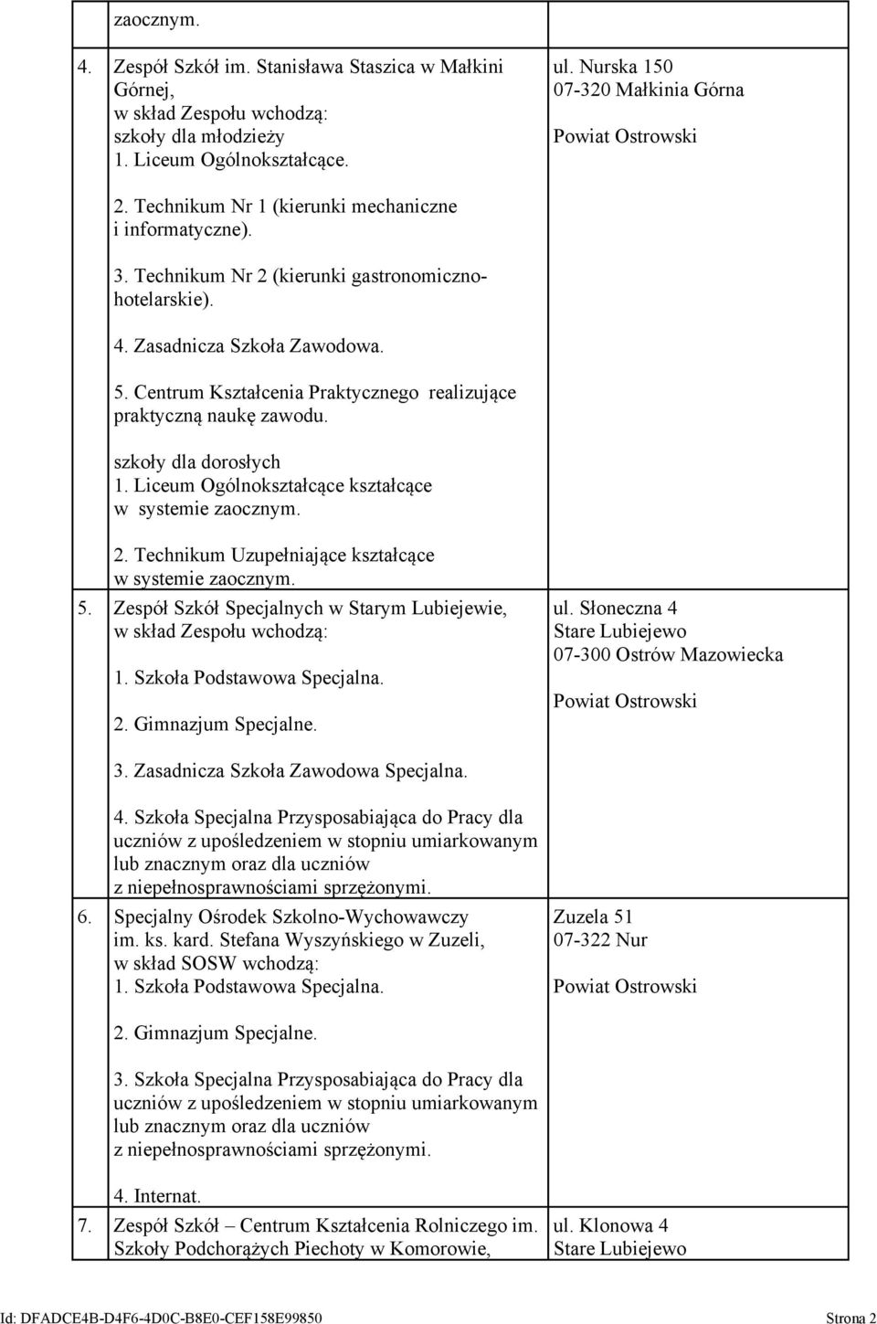 Technikum Uzupełniające kształcące 5. Zespół Szkół Specjalnych w Starym Lubiejewie, 1. Szkoła Podstawowa Specjalna. 2. Gimnazjum Specjalne. ul. Słoneczna 4 Stare Lubiejewo 3.