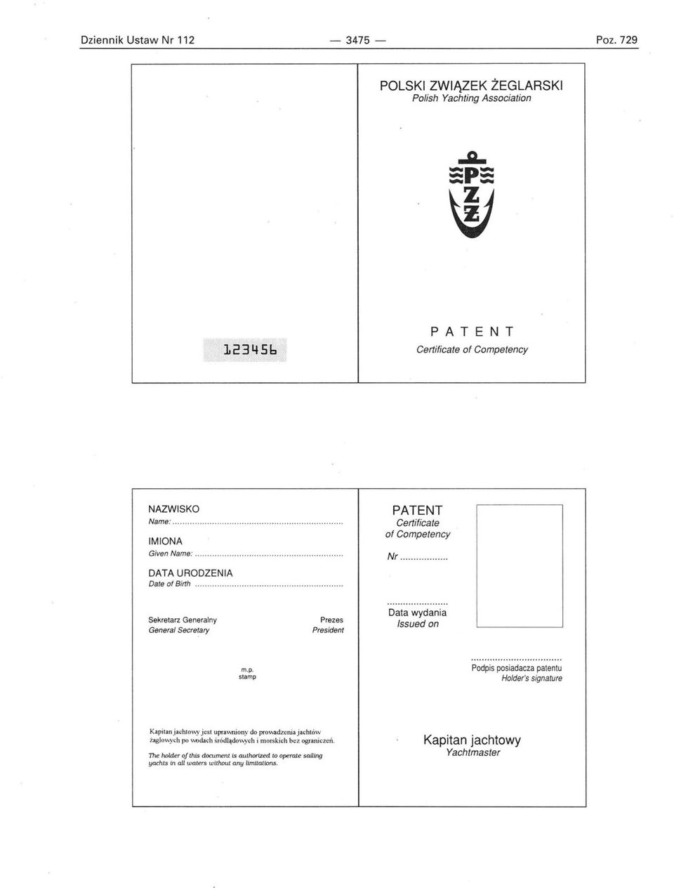 tency Nr....... DATA URODZENIA Dale ot Birth.... Sekretarz Generalny GeneraJ Secrelary Prezes Presidenl Data wydania Issued on m.p.