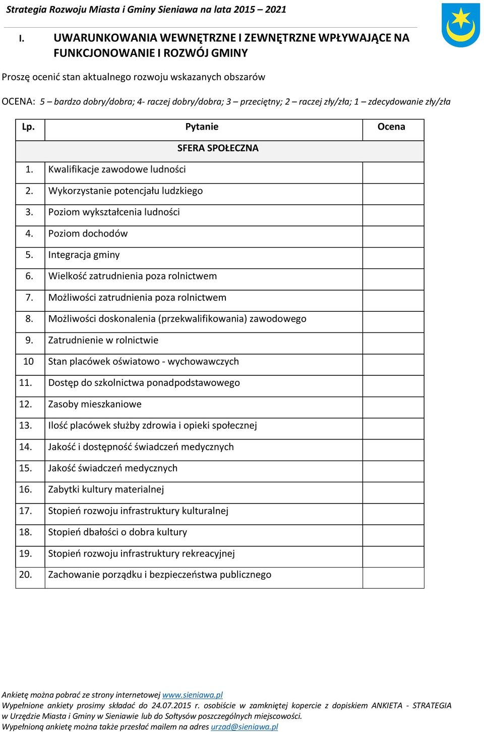 Integracja gminy 6. Wielkość zatrudnienia poza rolnictwem SFERA SPOŁECZNA 7. Możliwości zatrudnienia poza rolnictwem 8. Możliwości doskonalenia (przekwalifikowania) zawodowego 9.