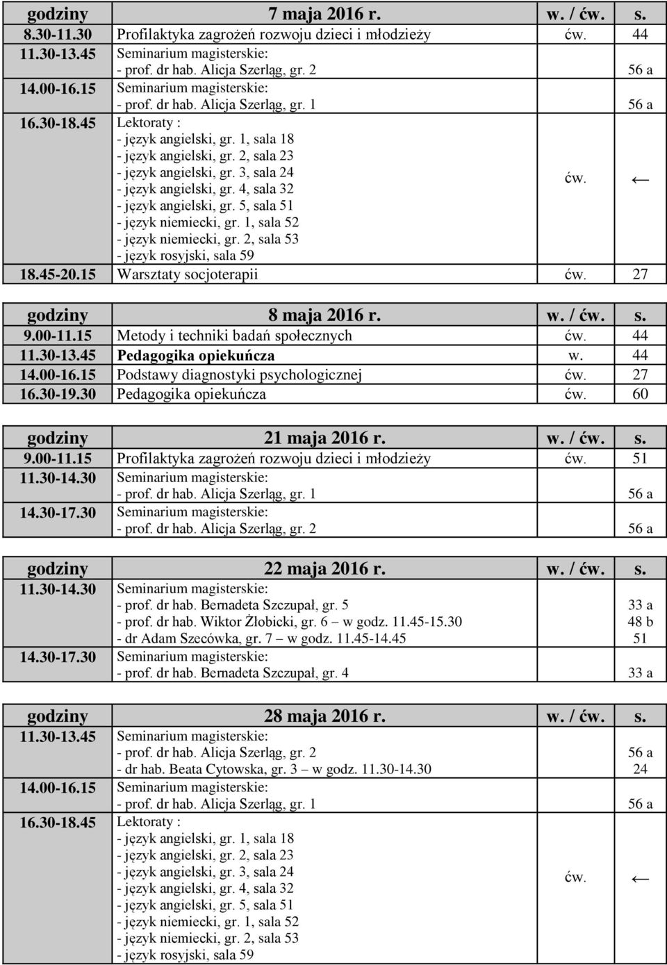 30 Pedagogika opiekuńcza 60 godziny 21 maja 2016 r. w. / s. 9.00-11.15 Profilaktyka zagrożeń rozwoju dzieci i młodzieży godziny 22 maja 2016 r. w. / s. w godz. 11.