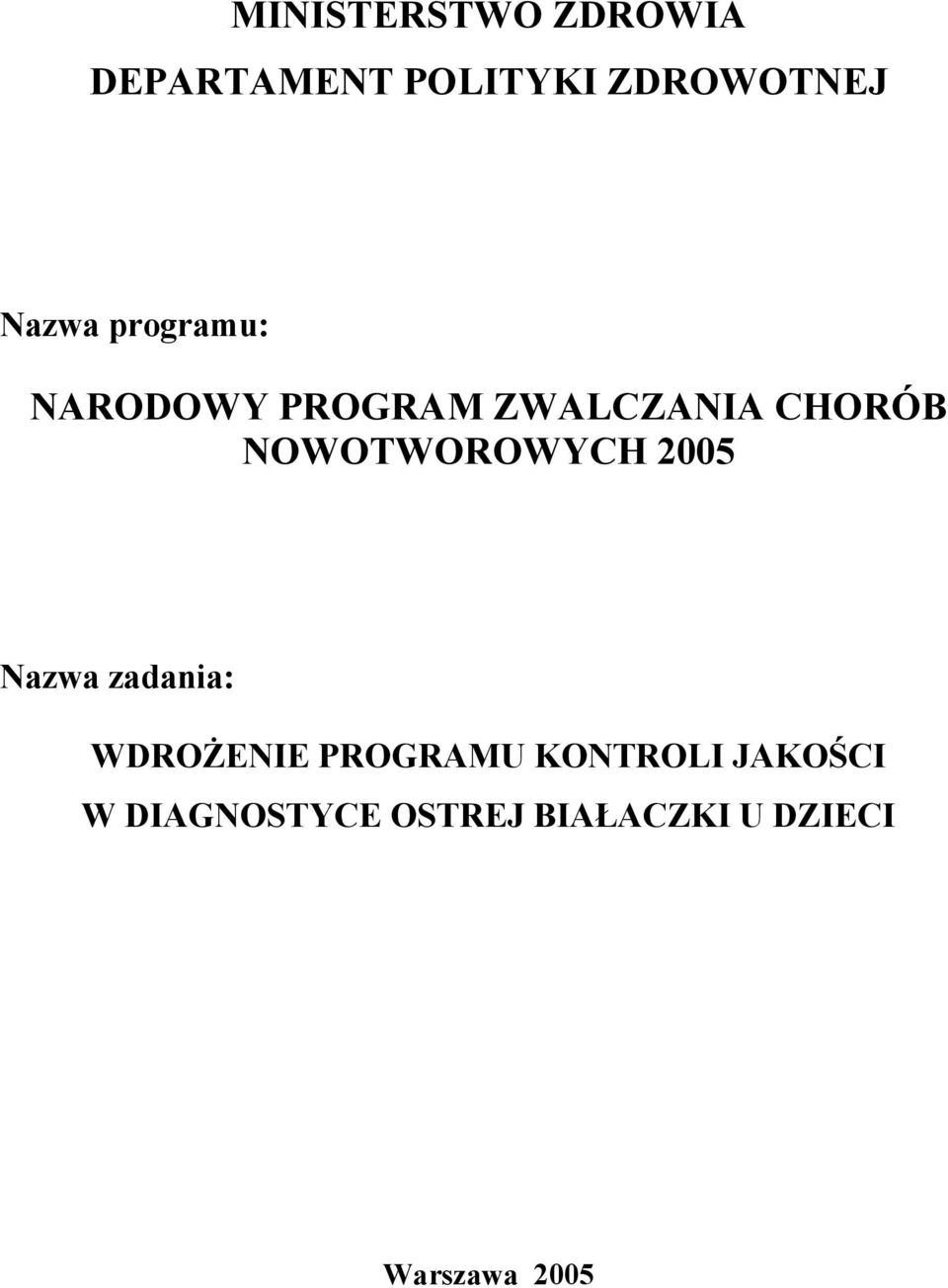 NOWOTWOROWYCH 2005 Nazwa zadania: WDROŻENIE PROGRAMU