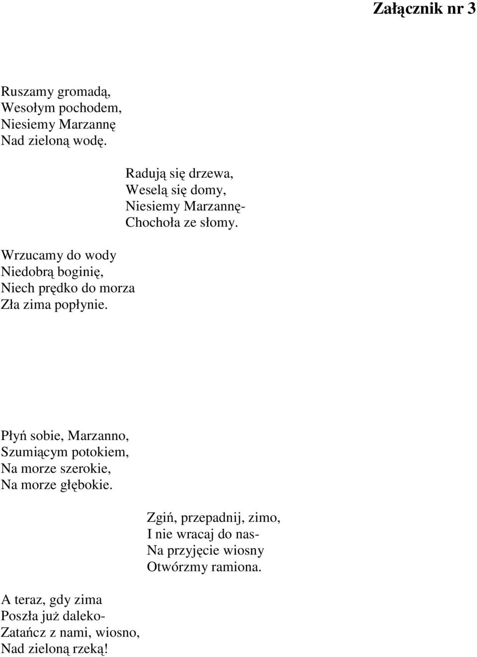 Radują się drzewa, Weselą się domy, Niesiemy Marzannę- Chochoła ze słomy.