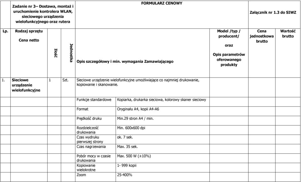 Sieciowe urządzenie wielofunkcyjne 1 Szt. Sieciowe urządzenie wielofunkcyjne umożliwiające co najmniej drukowanie, kopiowanie i skanowanie.