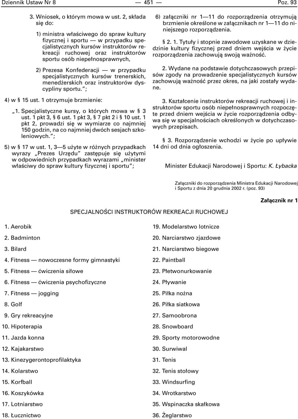 Prezesa Konfederacji w przypadku specjalistycznych kursów trenerskich, mened erskich oraz instruktorów dyscypliny sportu. ; 4) w 15 ust. 1 otrzymuje brzmienie: 1.