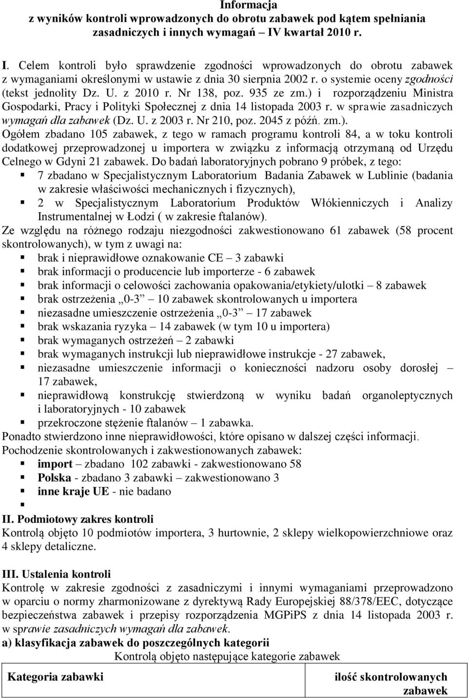 o systemie oceny zgodności (tekst jednolity Dz. U. z 2010 r. Nr 138, poz. 935 ze zm.) i rozporządzeniu Ministra Gospodarki, Pracy i Polityki Społecznej z dnia 14 listopada 2003 r.