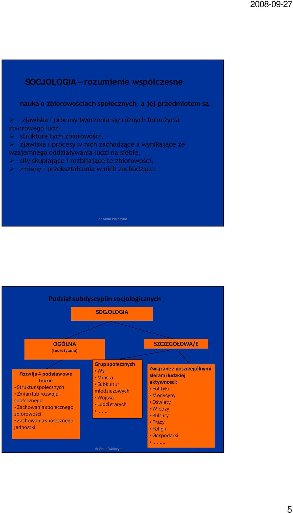 Podział subdyscyplin socjologicznych SOCJOLOGIA OGÓLNA (teoretyczna) SZCZEGÓŁOWA/E Rozwija 4 podstawowe teorie Struktur społecznych Zmian lub rozwoju społecznego Zachowania społecznego zbiorowości